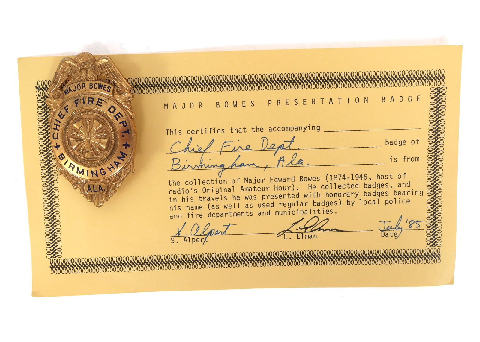 MAJOR BOWES AMATEUR HOUR BIRMINGHAM AL FIRE CHIEF BADGE (1 of 4)