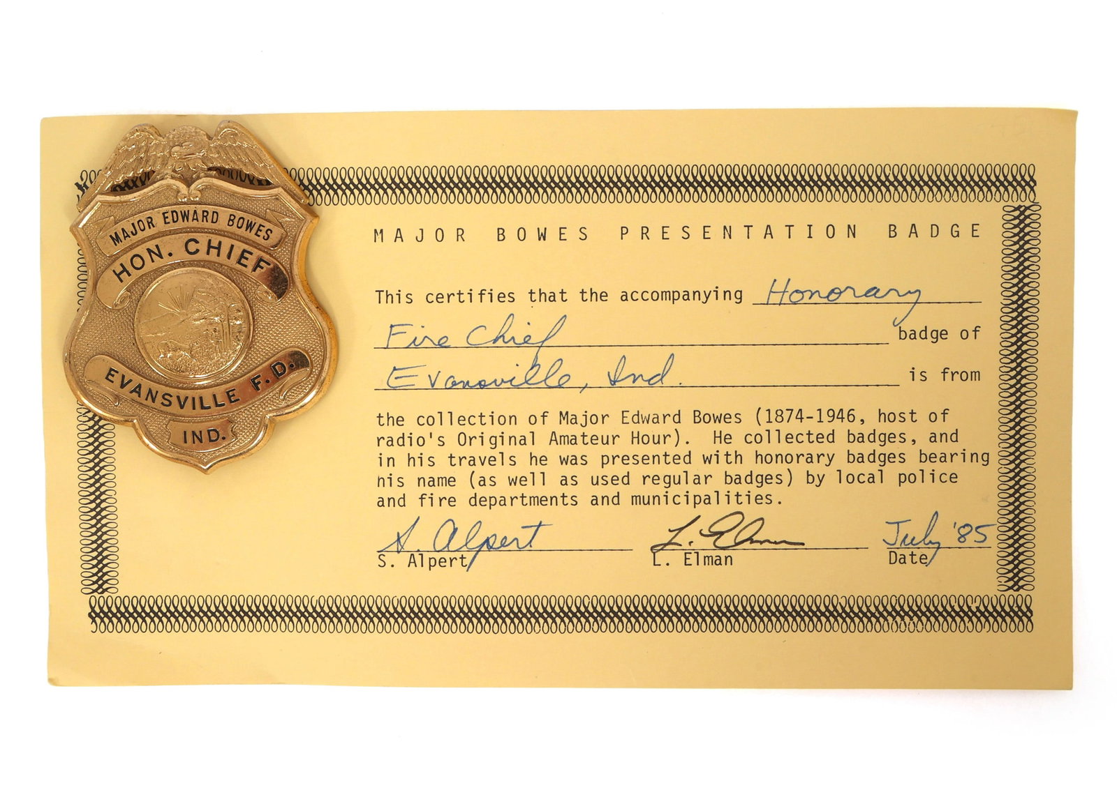 MAJOR BOWES AMATEUR HOUR EVANSVILLE IN FIRE CHIEF BADGE (1 of 4)
