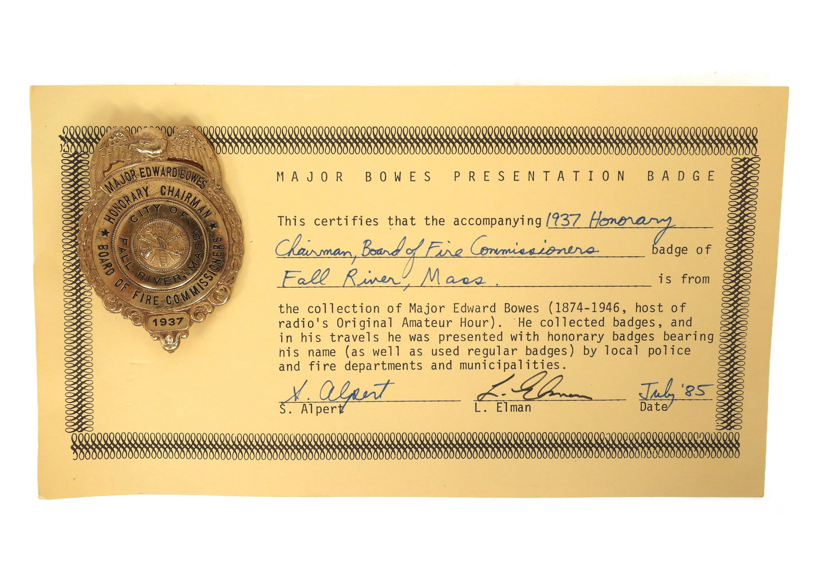 MAJOR BOWES AMATEUR HOUR FALL RIVER MA 1937 FIRE BADGE (1 of 4)