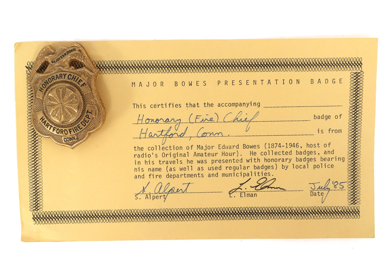 MAJOR BOWES AMATEUR HOUR HARTFORD, CT FIRE CHIEF BADGE (1 of 4)