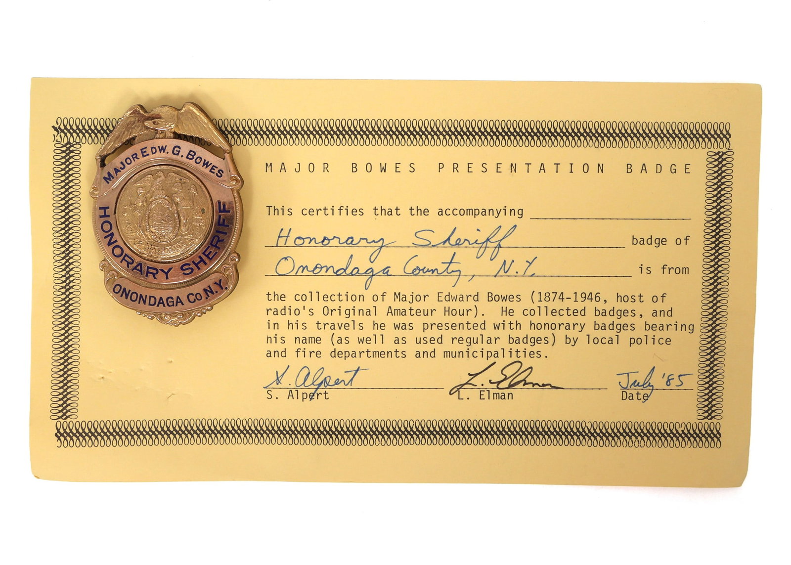MAJOR BOWES AMATEUR HOUR ONONDAGA CTY, NY SHERIFF BADGE (1 of 4)