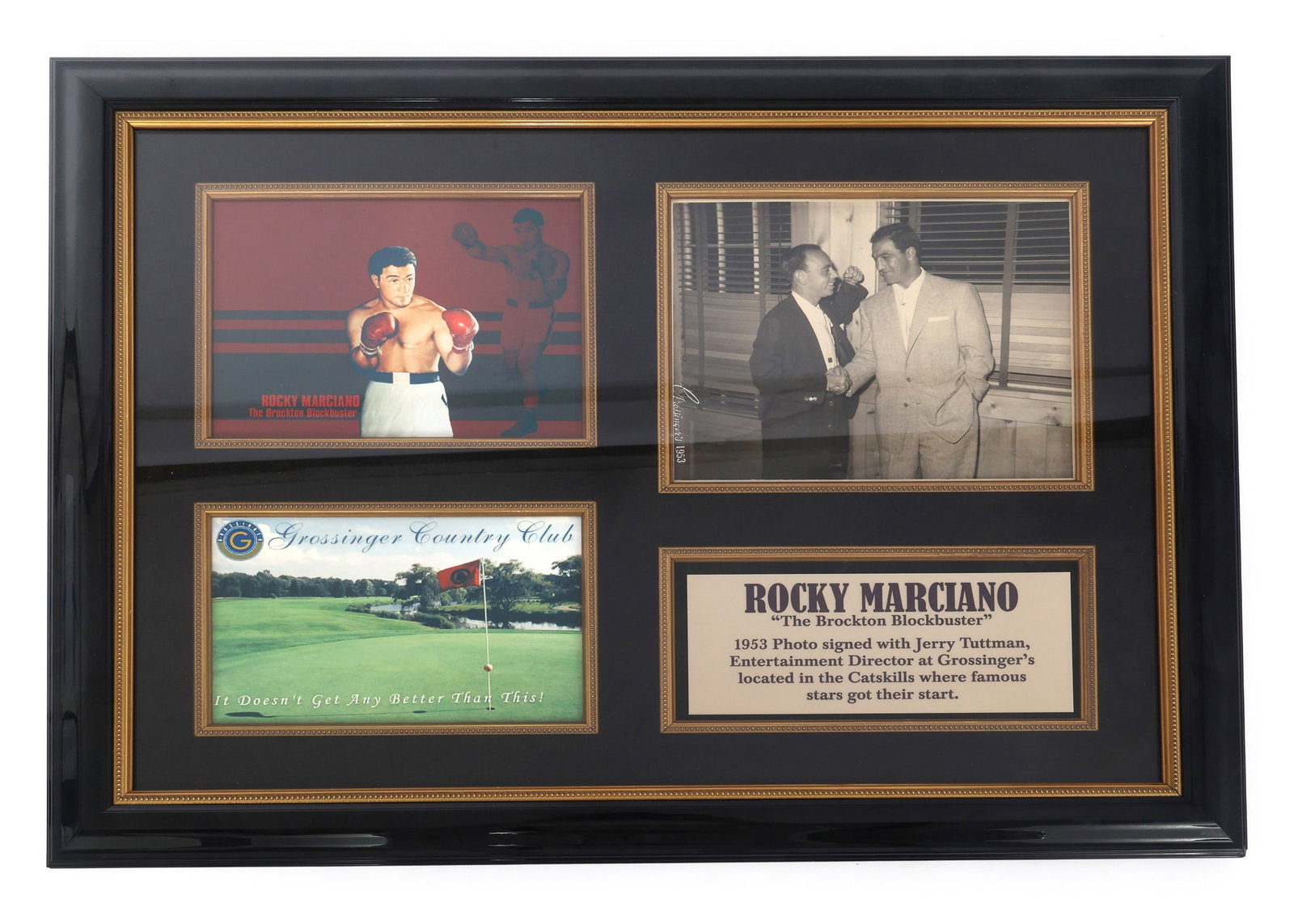 BOXER ROCKY MARCIANO SIGNED PHOTO: BOXER ROCKY MARCIANO SIGNED PHOTO Framed photo w/ signature (7.5" x 9.25") of Rocky Marciano 1953 with 2 photo prints. Includes certificate of authenticity from Antiquities International, The Forum Sh