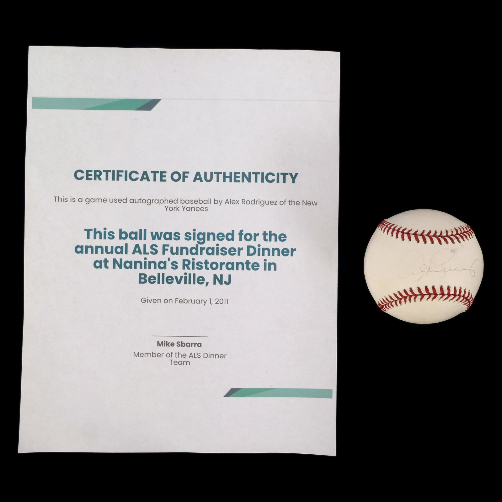 SIGNED GAME-USED BASEBALL FROM ALEX RODRIGUEZ 2011 (1 of 4)