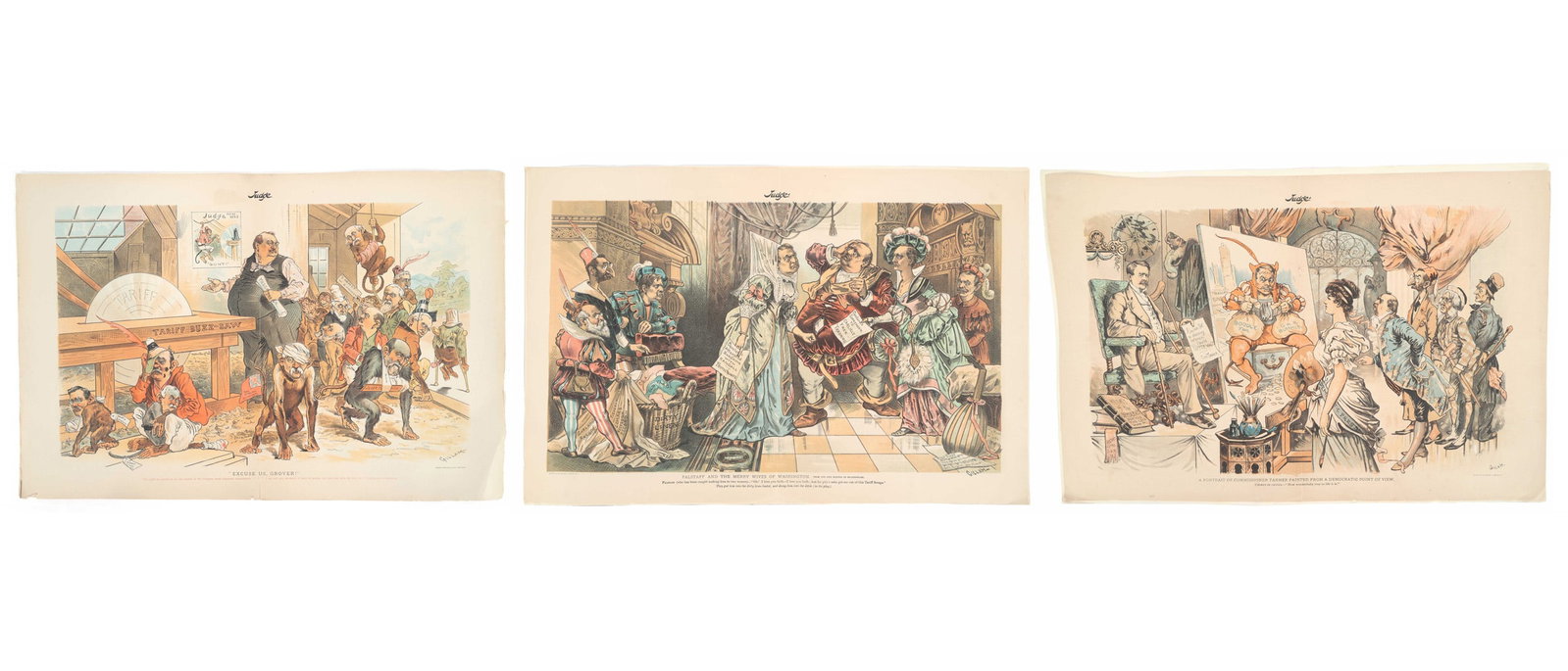 EARLY 20TH C. LITHO PRINT POLITICAL CARTOON: EARLY 20TH C. LITHO PRINT POLITICAL CARTOON (3) Early 20th century litho print Judge Magazine political cartoons: "Falstaff and the Merry Wives of Washington" (20.75" x 14") 'Excuse Us, Grover'