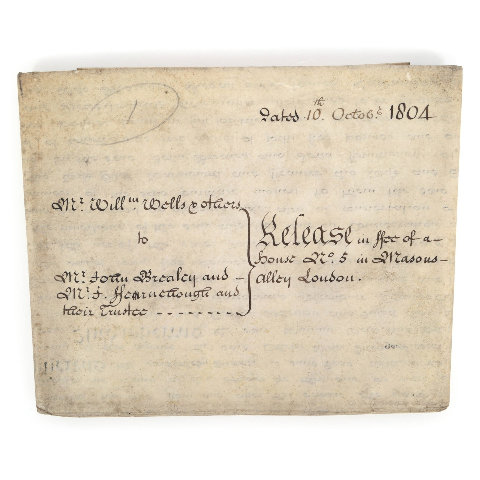 1804 BRITISH RELEASE OF PROPERTY DOCUMENT: 1804 BRITISH RELEASE OF PROPERTY DOCUMENT A release of property document dated 10 October 1804, hand written on vellum. Size: 27" x 21.5" Contains: Stamp of King George III from the Stamp Act of 1765
