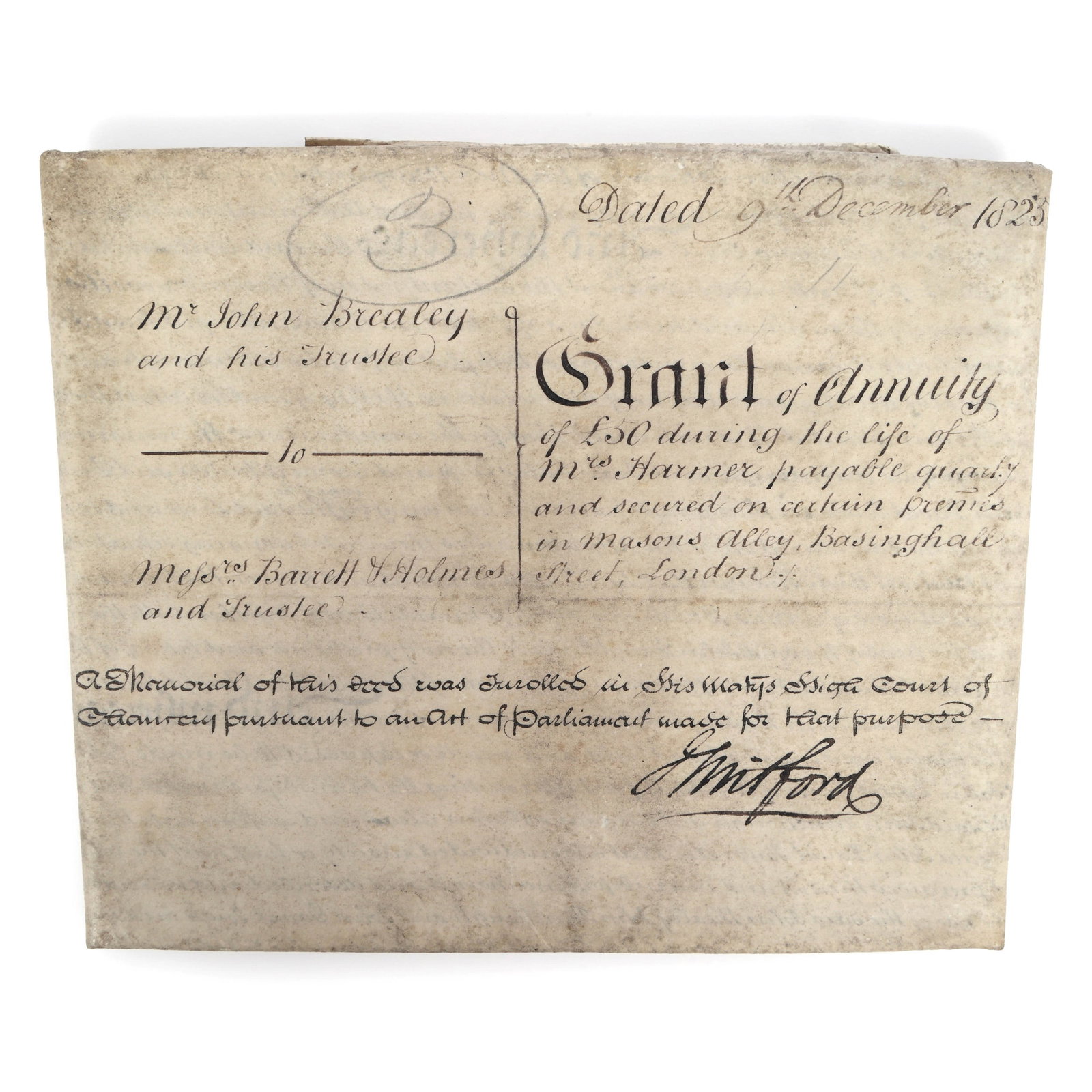 1823 LONDON ANNUITY DOCUMENT: 1823 LONDON ANNUITY DOCUMENT Annuity document dated 9 December 1823, hand written on vellum. Size: 26" x 20.5" Contains: Stamp of King George III from the Stamp Act of 1765 Signature of Mr Barre