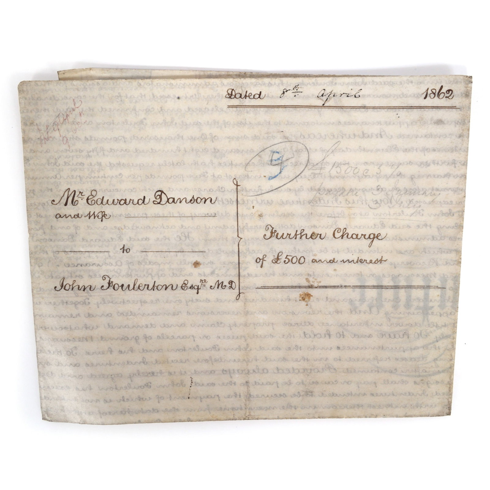 1862 BRITISH FURTHER CHARGE DOCUMENT: 1862 BRITISH FURTHER CHARGE DOCUMENT A further charge document dated 29 March 1862, hand written on vellum. Size: 28" x 22.5" Contains: Stamp of King George III from the Stamp Act of 1765 Signature