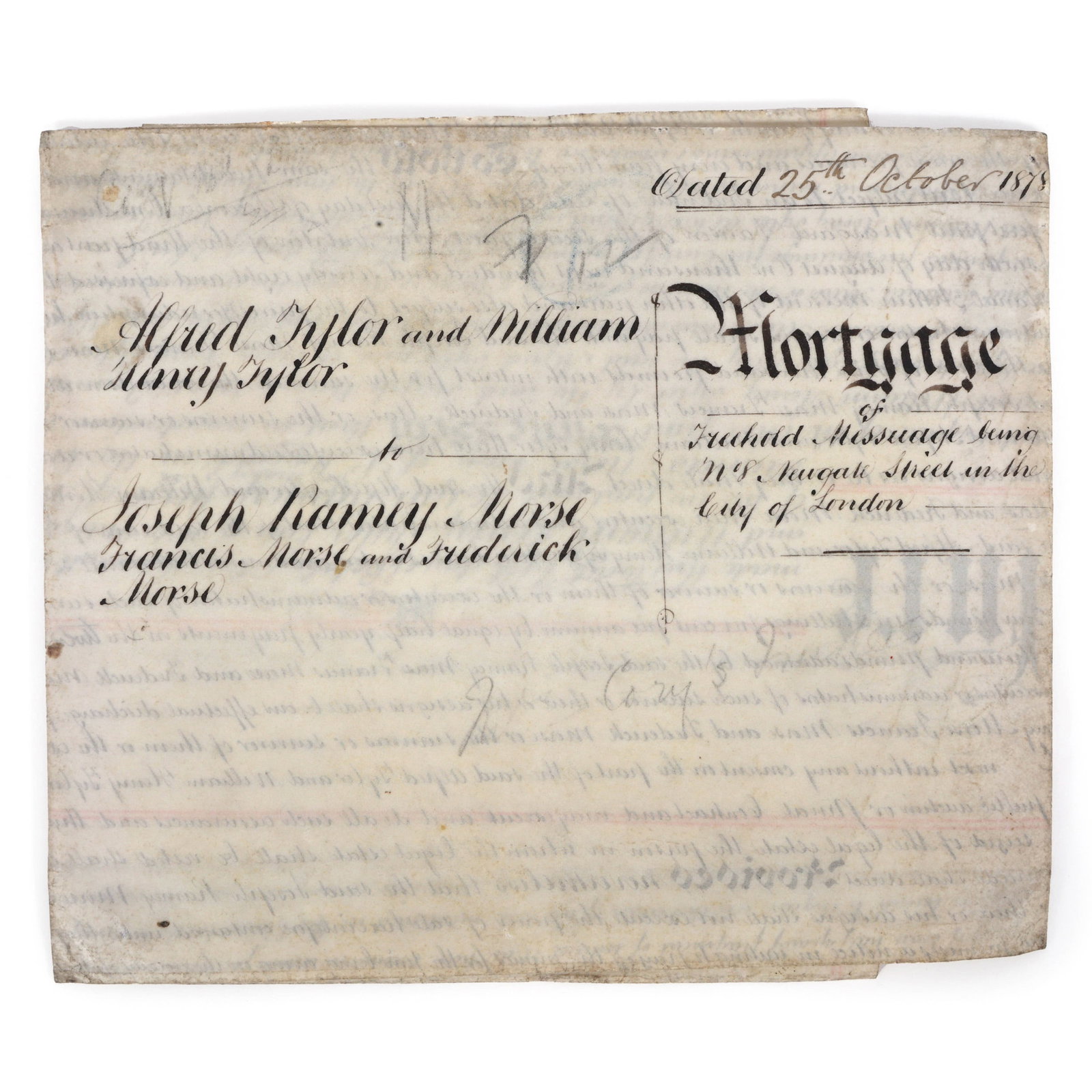 1878 BRITISH MORTGAGE DOCUMENT: 1878 BRITISH MORTGAGE DOCUMENT A mortgage document dated 25 October 1878, hand written on vellum. Size: 27.5" x 22.5" Contains: Stamp of King George III from the Stamp Act of 1765 Signatures of