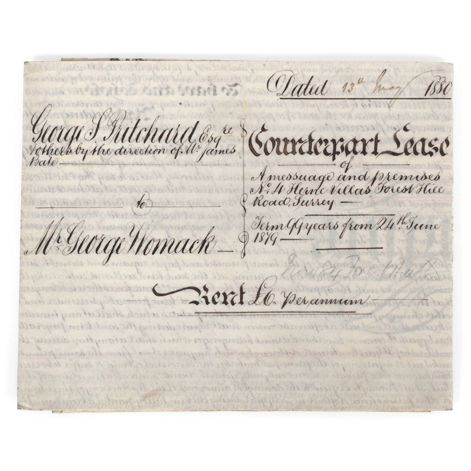 1880 BRITISH COUNTERPART LEASE DOCUMENT: 1880 BRITISH COUNTERPART LEASE DOCUMENT A Counterpart Lease document dated 13 May 1880, hand written on vellum. Size: 27.25" x 21.5" Contains: Queen Victoria embossed tax stamp Signature of George