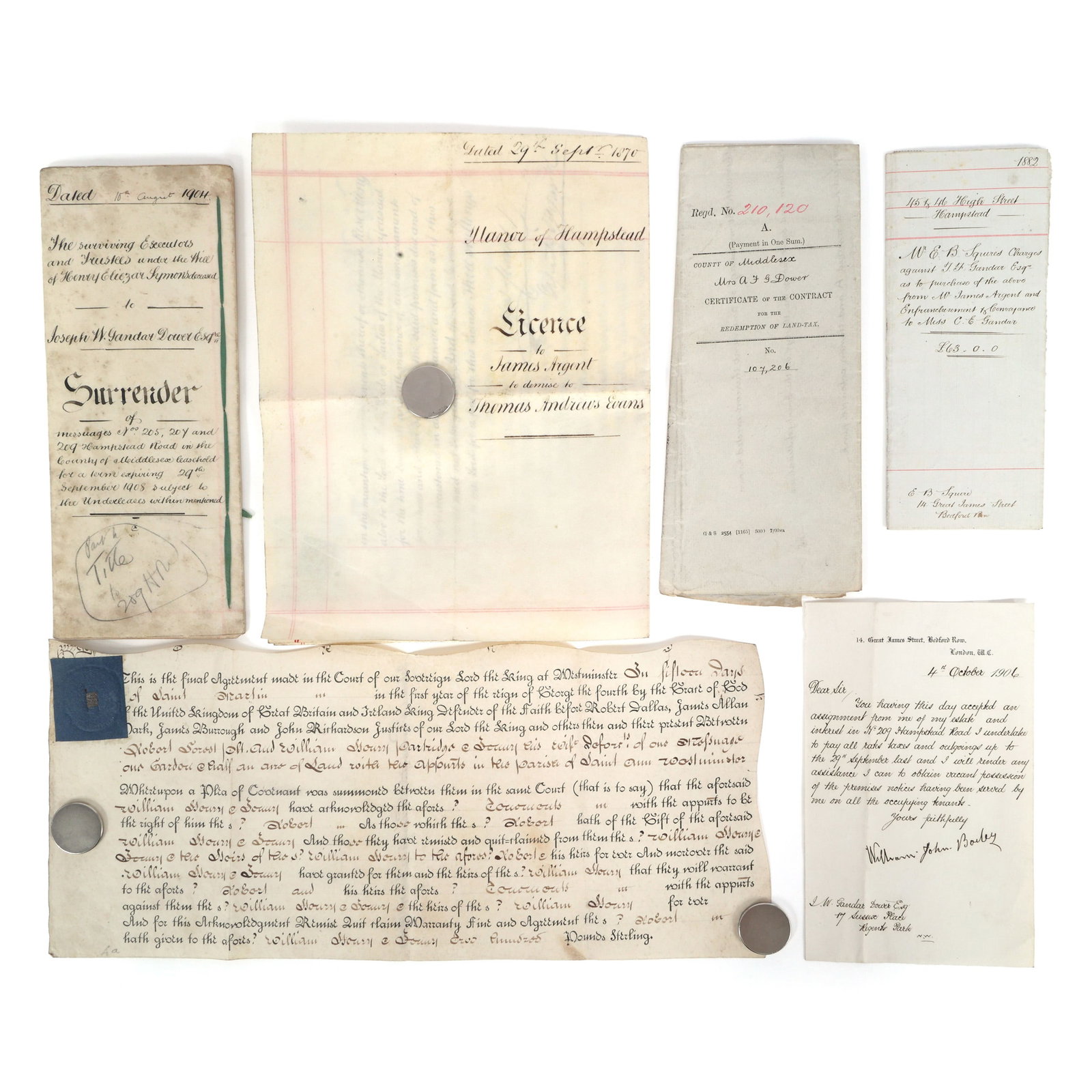 19TH C. BRITISH LEGAL DOCUMENTS: 19TH C. BRITISH LEGAL DOCUMENTS Legal documents dated 1870-1906, hand written on vellum. Contains: 6 Documents 2 Stamps of King George III from the Stamp Act of 1765 3 Queen Victoria