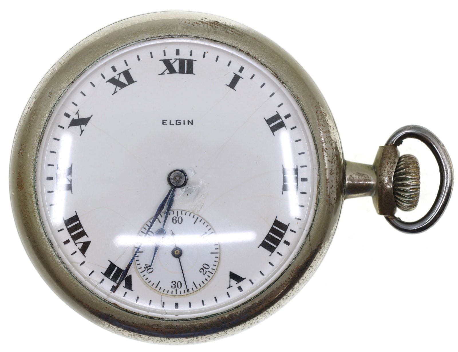 MEN'S ELGIN SILVEROID CASE POCKET WATCH: MEN'S ELGIN SILVEROID CASE POCKET WATCH Men's Elgin silveroid open face case pocket watch: Roman numerals Movement/Serial #: 20334412 7 jewels Case #: 345