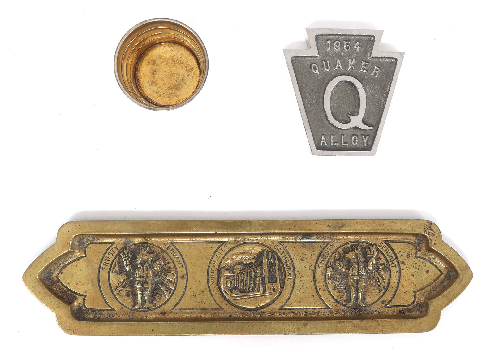 TRAVEL CUP, GOLD-TONED BRASS TRAY, AND PAPERWEIGHT (1 of 7)