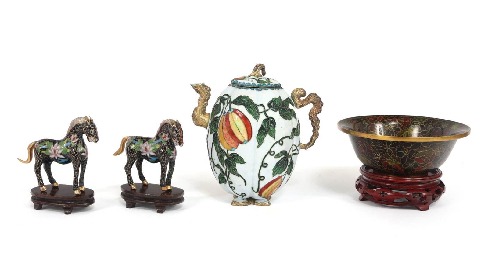 CHINESE CLOISONNE TEAPOT, BOWL, & FIGURINES (1 of 13)