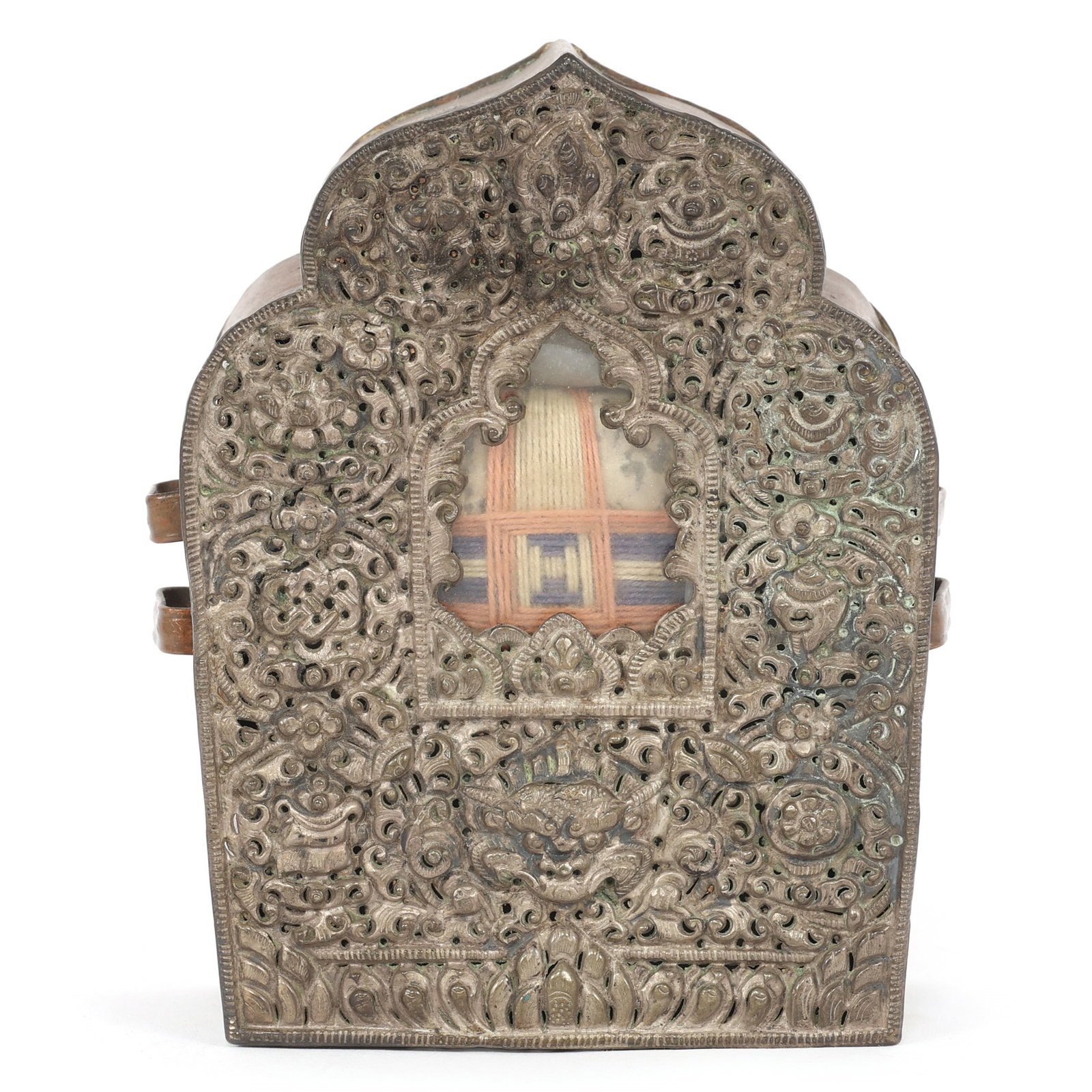 TIBETAN GAU AMULET BOX PRAYER SHRINE: TIBETAN GAU AMULET BOX PRAYER SHRINE Tibetan gau amulet box prayer shrine, filled with two amulets (bindings and Sanskrit astrological advice), one wrapped in thread. Size: 4