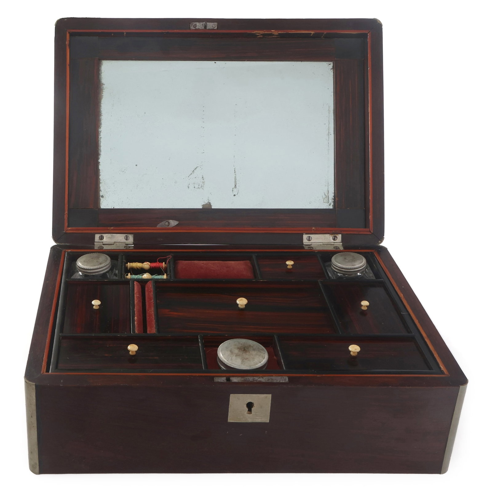 19TH C. WOODEN TRAVEL VANITY DRESSER BOX: 19TH C. WOODEN TRAVEL VANITY DRESSER BOX 19th-century wooden travel vanity dresser box: (3) silver-tone and glass lidded vessels Nestled in a removable tray Covered compartments Mirror set into the
