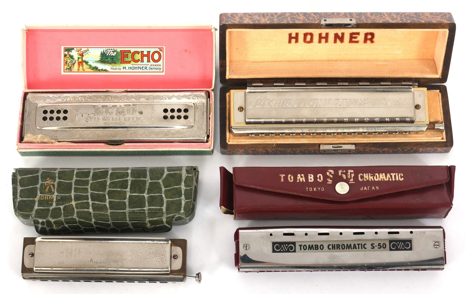 20TH C. HOHNER & TOMBO CHROMATIC HARMONICAS: 20TH C. HOHNER & TOMBO CHROMATIC HARMONICAS 20th-century chromatic harmonicas: Hohner Super Chromonica, in green case The Echo Harp, in green box The 64 Chromonica, in brown box Tombo S50 Chromatic,