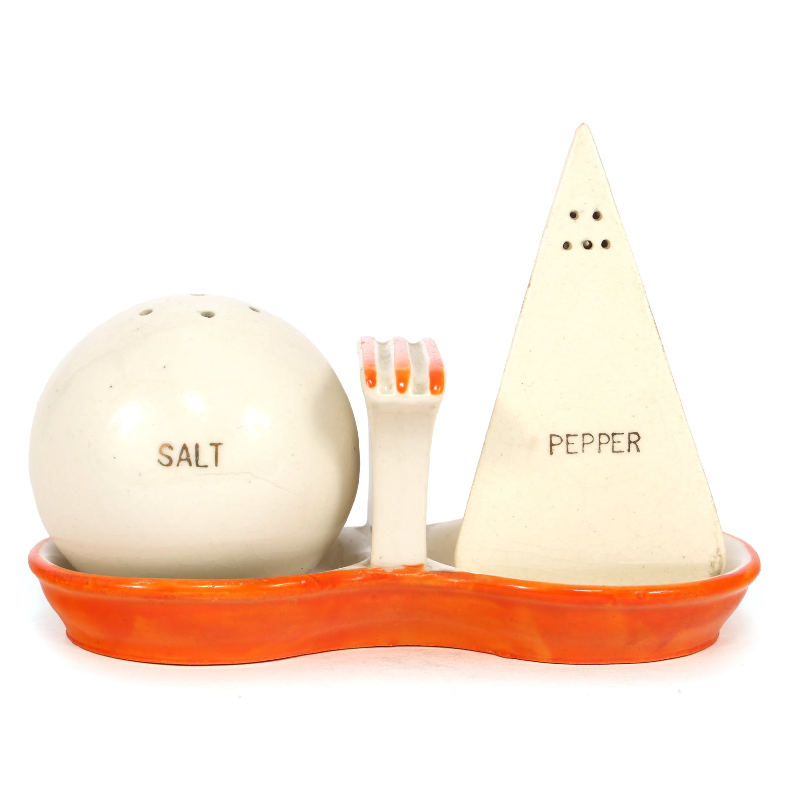 NEW YORK WORLD'S FAIR 1939 PORCELAIN S&P SHAKERS: NEW YORK WORLD'S FAIR 1939 PORCELAIN S&P SHAKERS 1939 New York World's Fair porcelain Art Deco Trylon & Perisphere salt and pepper shakers with matching stand. Size: 5 x 2.25 x 3.5