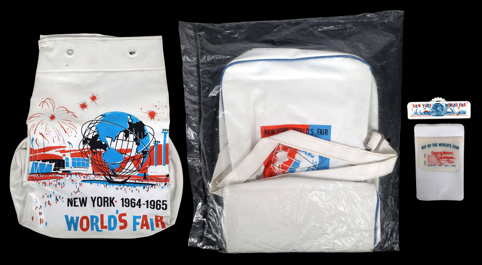 NEW YORK WORLD'S FAIR 1964 TRAVEL ACCESSORIES: NEW YORK WORLD'S FAIR 1964 TRAVEL ACCESSORIES 1964-65 New York World's Fair travel accessories: Bucket bag (10.5" x 7" x 11.5") Carry-on bag, in original packaging (9.5" x 4.25" x 12") G