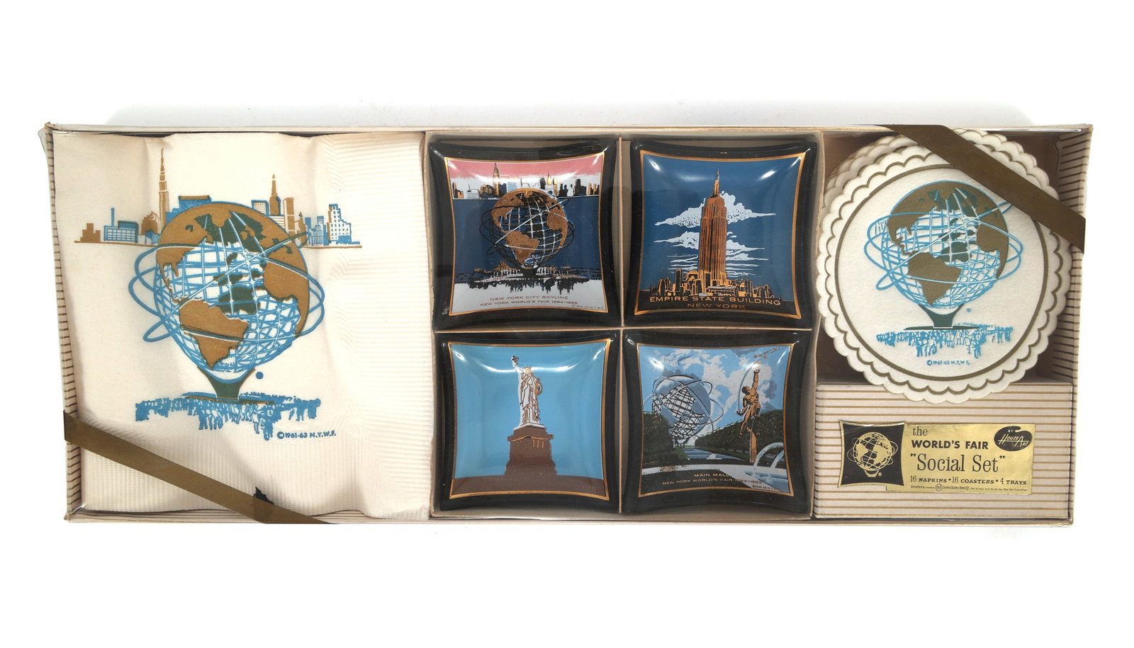 NEW YORK WORLD'S FAIR 1964 UNISPHERE TEA SOCIAL SET: NEW YORK WORLD'S FAIR 1964 UNISPHERE TEA SOCIAL SET 1964-65 New York World's Fair tea social set, in original box. By Houze Art. (16) Napkins (16) Coasters (4) Trays Size: 13"