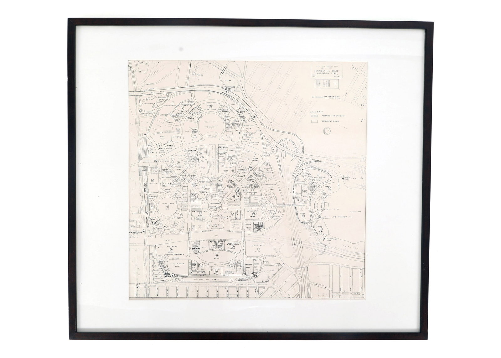 NEW YORK WORLD'S FAIR 1964 SPACE ALLOCATION PLAN: NEW YORK WORLD'S FAIR 1964 SPACE ALLOCATION PLAN New York World's Fair 1964 Confidential Space Allocation Plan. Scale map of vendor locations. Framed. Size: 24.5" x 21.75" IMPORTANT NOTE - PLEASE READ