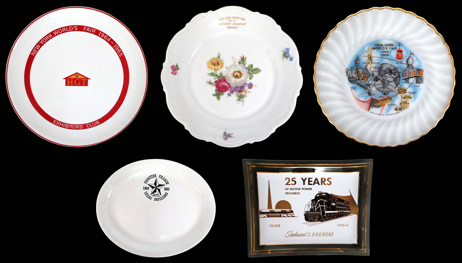 NY WORLD'S FAIR 1964 GLASS & PORCELAIN PLATES & TRAYS: NY WORLD'S FAIR 1964 GLASS & PORCELAIN PLATES & TRAYS 1964 New York World's Fair glass & porcelain plates & trays: Glass 25 years Seaboard Airline Railroad tray (8.75" x 6.75") Mitterteich Ba