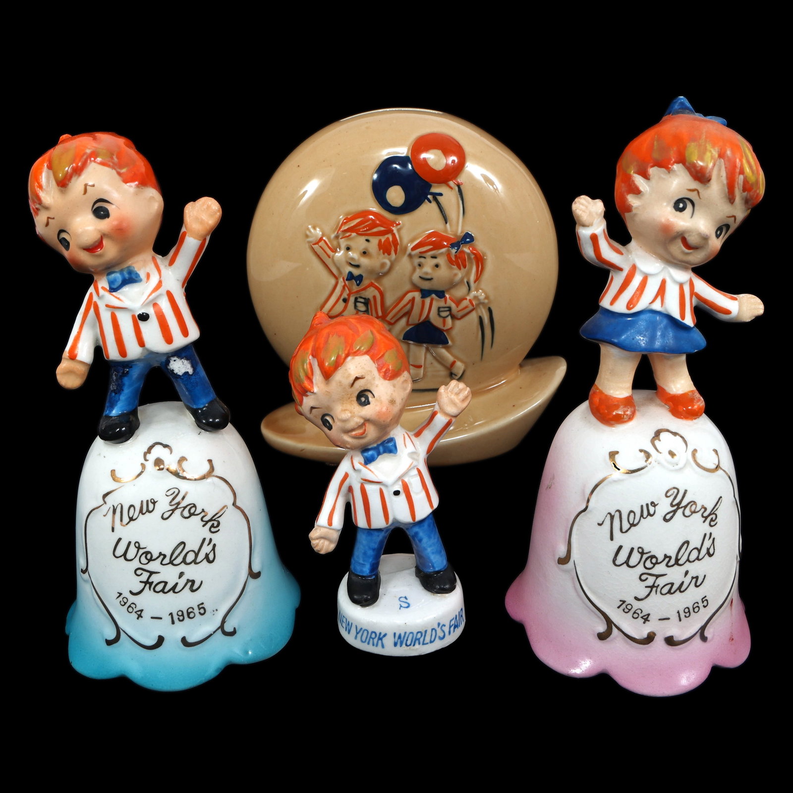 NEW YORK WORLD'S FAIR 1964 PETER & WENDY MEMORABILIA: NEW YORK WORLD'S FAIR 1964 PETER & WENDY MEMORABILIA 1964-65 New York World's Fair Peter & Wendy memorabilia: Coin bank (4.75" x 2.5" x 5") Wendy Bell (2.5" x 5.5") Peter Bell (2.5" x 5.25")