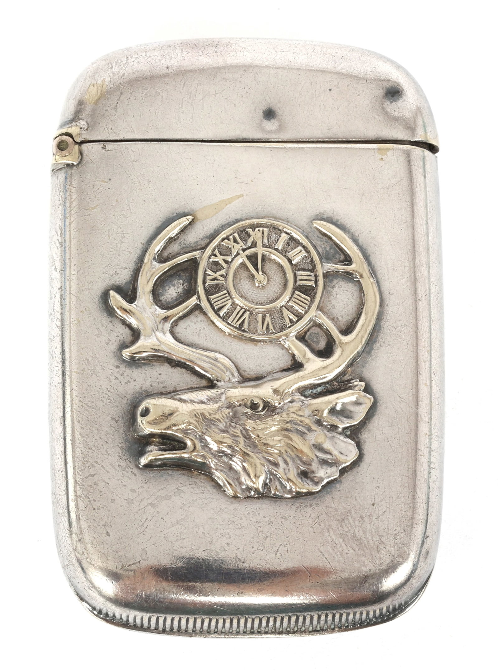 STERLING SILVER FRATERNAL B.P.O.E. VESTA MATCH CASE: STERLING SILVER FRATERNAL B.P.O.E. VESTA MATCH CASE Sterling silver fraternal Benevolent & Protective Order of the Elk (B.P.O.E.) vesta match case. Size: 2.5 x 1.5" Weight: 28g