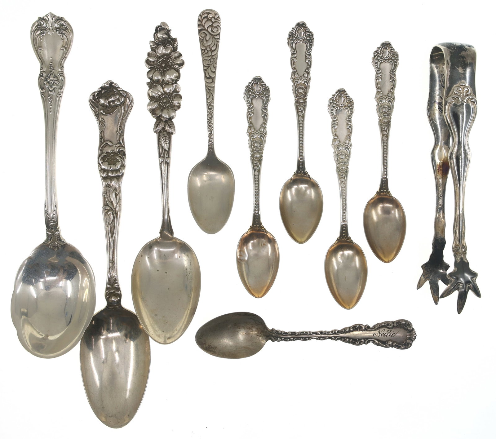 STERLING SILVER FLATWARE - SPOONS & SUGAR TONGS (1 of 10)