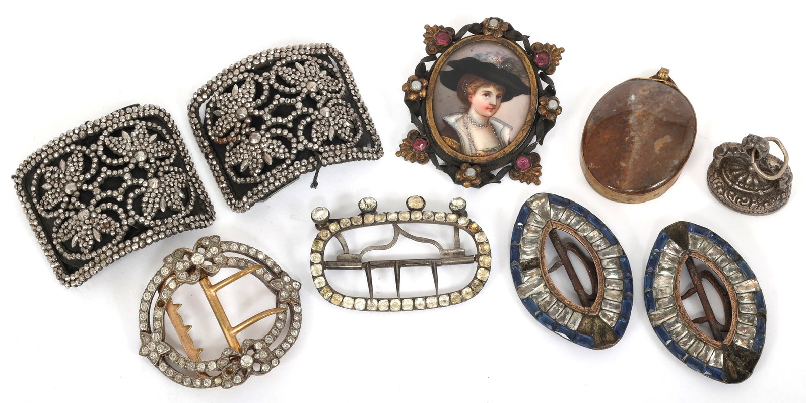 19TH & 20TH C. DECORATIVE BUCKLES, BROOCH, & CHARMS: 19TH & 20TH C. DECORATIVE BUCKLES, BROOCH, & CHARMS 19th and 20th-century costume jewelry: Decorative apparel and shoe buckles Wax seal stamp charm Agate charm Painted porcelain br