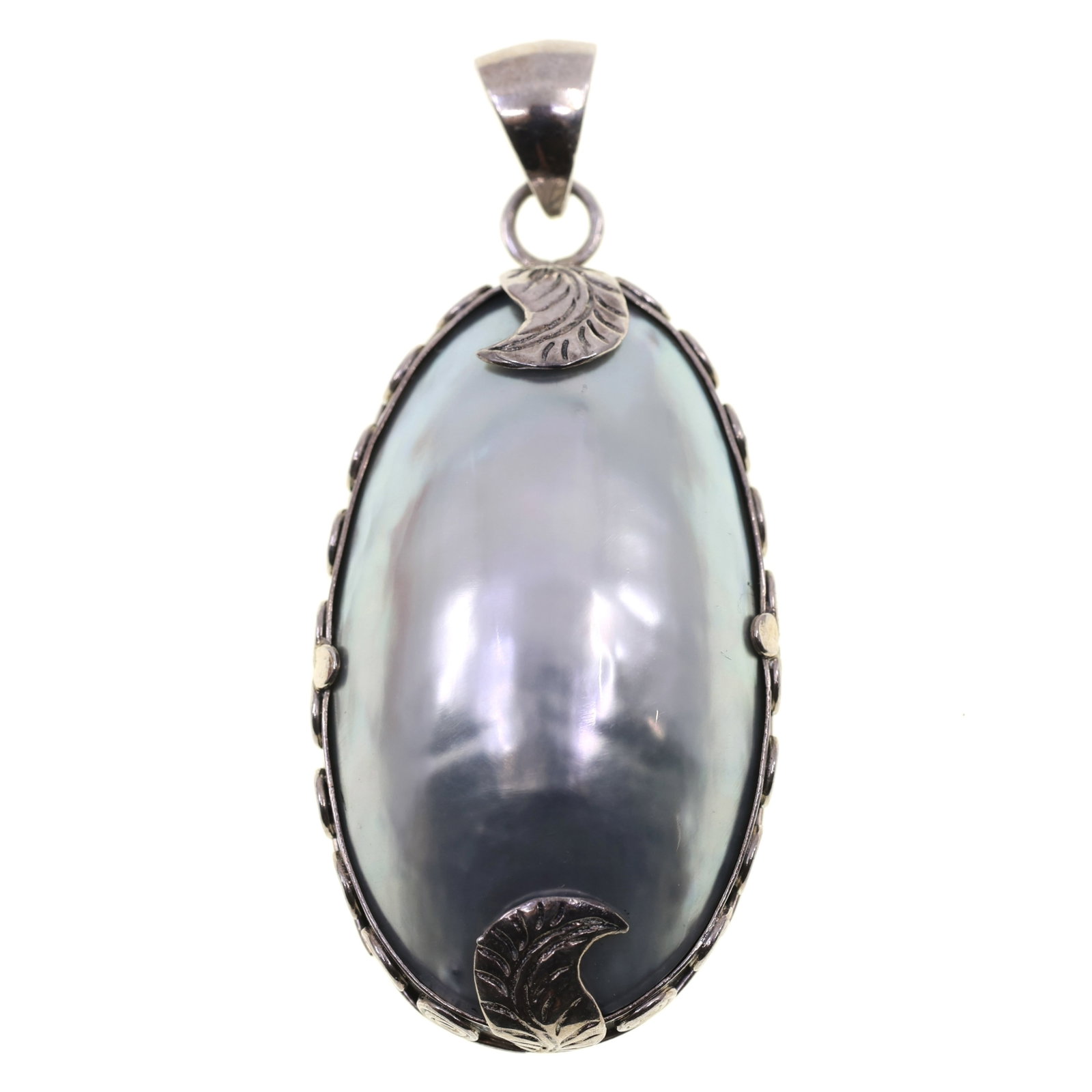 STERLING SILVER CABOCHON MOTHER-OF-PEARL PENDANT: STERLING SILVER CABOCHON MOTHER-OF-PEARL PENDANT Sterling silver pendant with: Oval cut cabochon grey mother-of-pearl 24 x 42mm Size: 26.5 x 45mm Weight: 15g