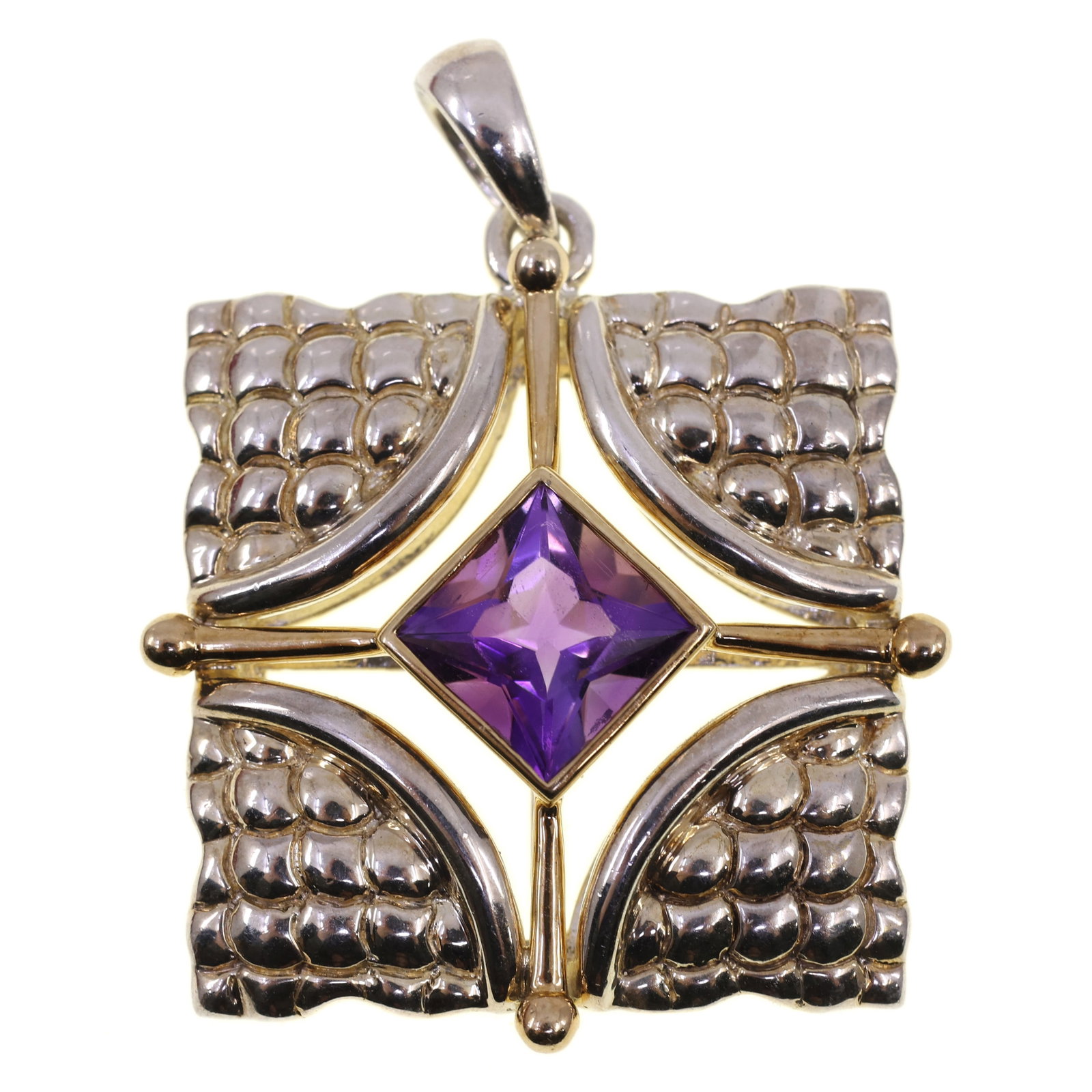 STERLING SILVER TWO-TONE AMETHYST PENDANT: STERLING SILVER TWO-TONE AMETHYST PENDANT Sterling silver two-tone pendant with 8 x 8mm princess cut amethyst. Size: 30 x 30mm Weight: 13g IMPORTANT NOTE - PLEASE READ: REGARDING OUR IN-HOUSE SH