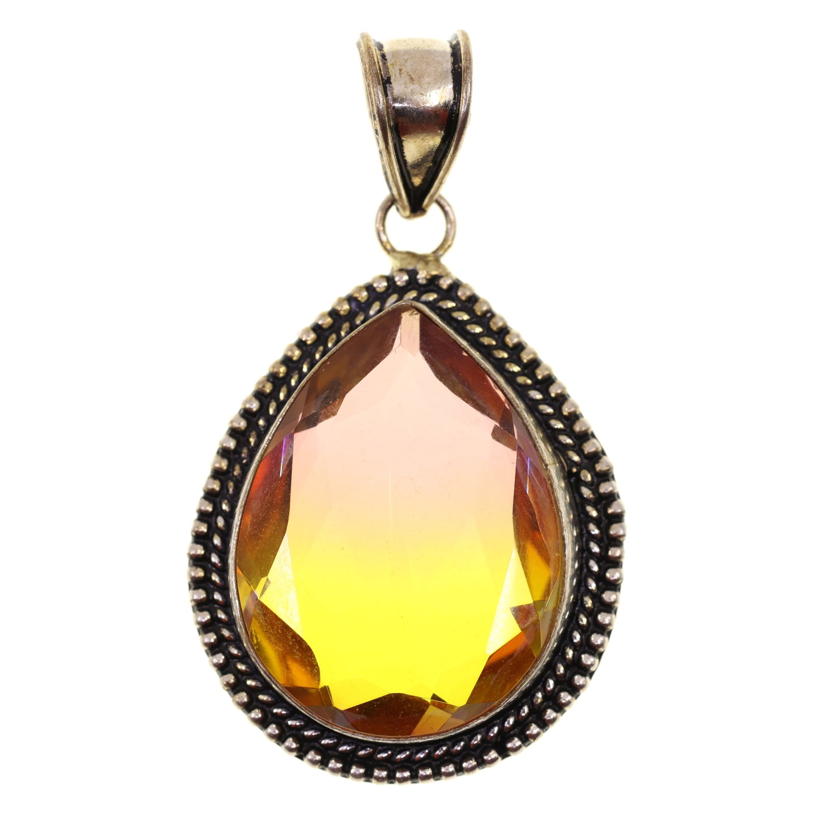 STERLING SILVER VERMEIL SUNSET GRADIENT GLASS PENDANT: STERLING SILVER VERMEIL SUNSET GRADIENT GLASS PENDANT Sterling silver vermeil sunset gradient pear cut glass pendant Size: 31.25mm x 23.50mm Weight: 17g IMPORTANT NOTE - PLEASE READ: REGARDING OUR IN-