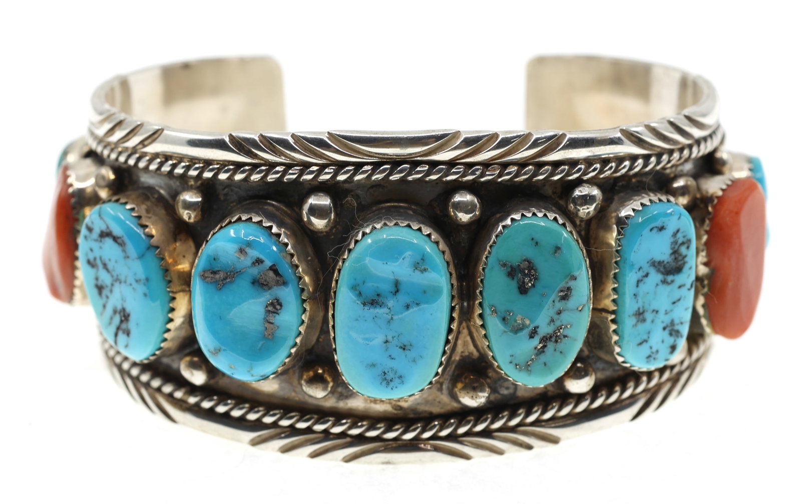 STERLING SILVER GLEN WILLIE TURQUOISE & CORAL BRACELET (1 of 6)