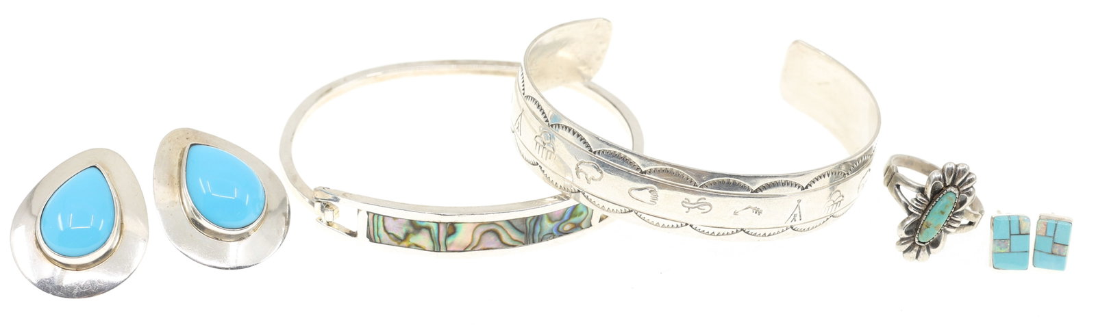 STERLING SILVER TURQUOISE & ABALONE SHELL JEWELRY: STERLING SILVER TURQUOISE & ABALONE SHELL JEWELRY Sterling silver jewelry: Turquoise pear-shaped earrings, by Paula Armstrong (Navajo silversmith) Storyteller cuff bracelet, by&nb