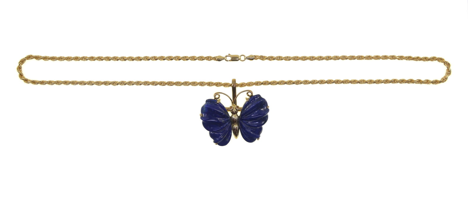 LAPIS & TOURMALINE BUTTERFLY STERLING VERMEIL NECKLACE: LAPIS & TOURMALINE BUTTERFLY STERLING VERMEIL NECKLACE Lapis lazuli & orange tourmaline butterfly pendant on sterling silver vermeil rope chain necklace Size: 23" Weight: 43g IMPORTANT NOTE - PLEA