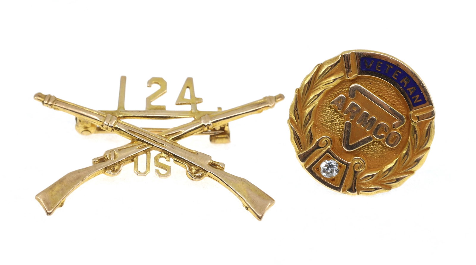 10K YELLOW GOLD SERVICE PINS: 10K YELLOW GOLD SERVICE PINS 10K yellow gold service pins: ARMCO Veteran employee pin, with a 0.03 ct round white diamond Commemorative US infantry 24th regiment pin