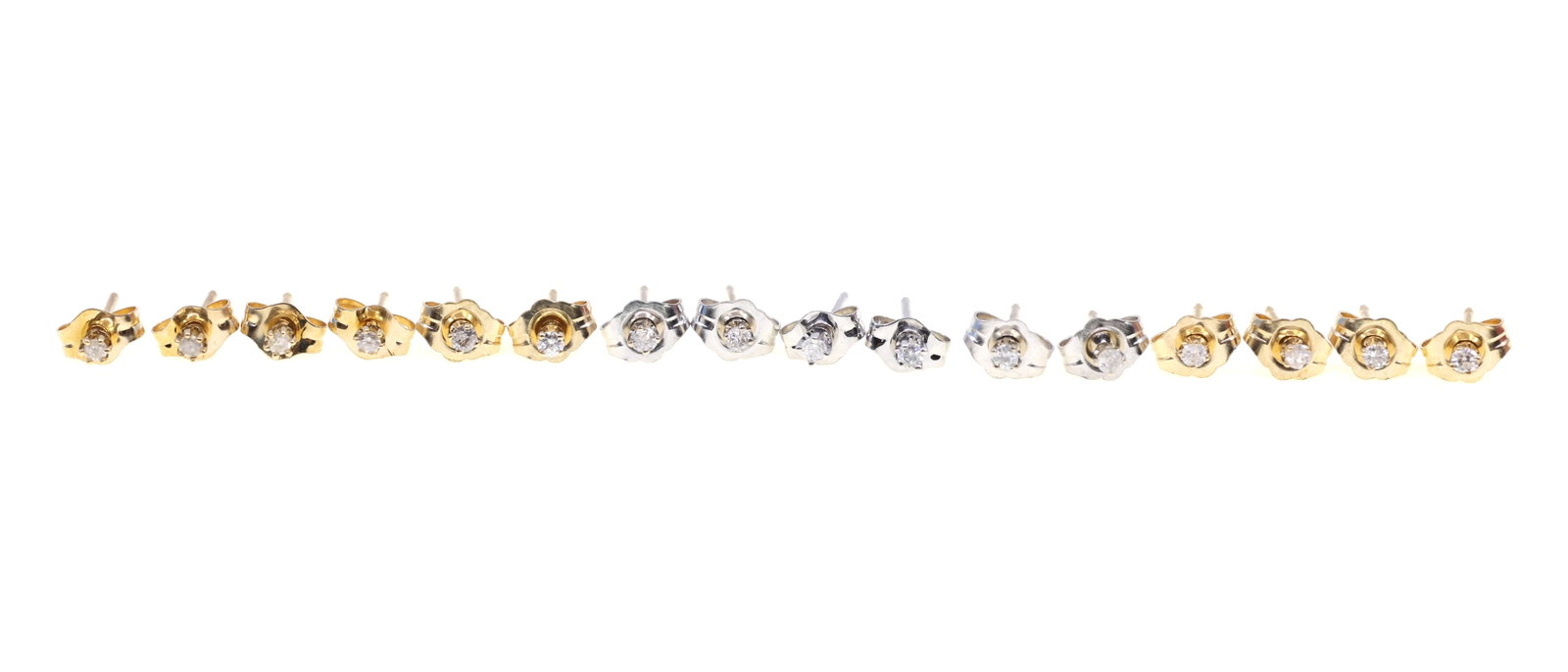 14K WHITE & YELLOW GOLD 0.04 CTW DIAMOND EARRINGS: 14K WHITE & YELLOW GOLD 0.04 CTW DIAMOND EARRINGS 14K white gold and yellow gold round-cut diamond earrings: (8) pairs with 0.04 ctw 0.02 ct in each earring Weight: