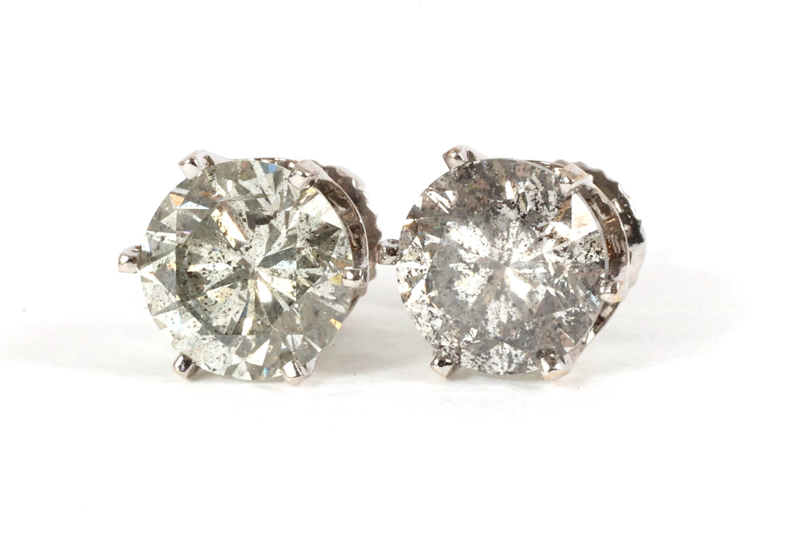 14K WHITE GOLD 3.34 CTW ROUND DIAMOND SOLITAIRE EARRINGS: 14K WHITE GOLD 3.34 CTW ROUND DIAMOND SOLITAIRE EARRINGS 14K white gold 3.34 ctw diamond solitaire earrings, each with: 1.67 ct round cut diamond Color: J/K Clarity: I3 <