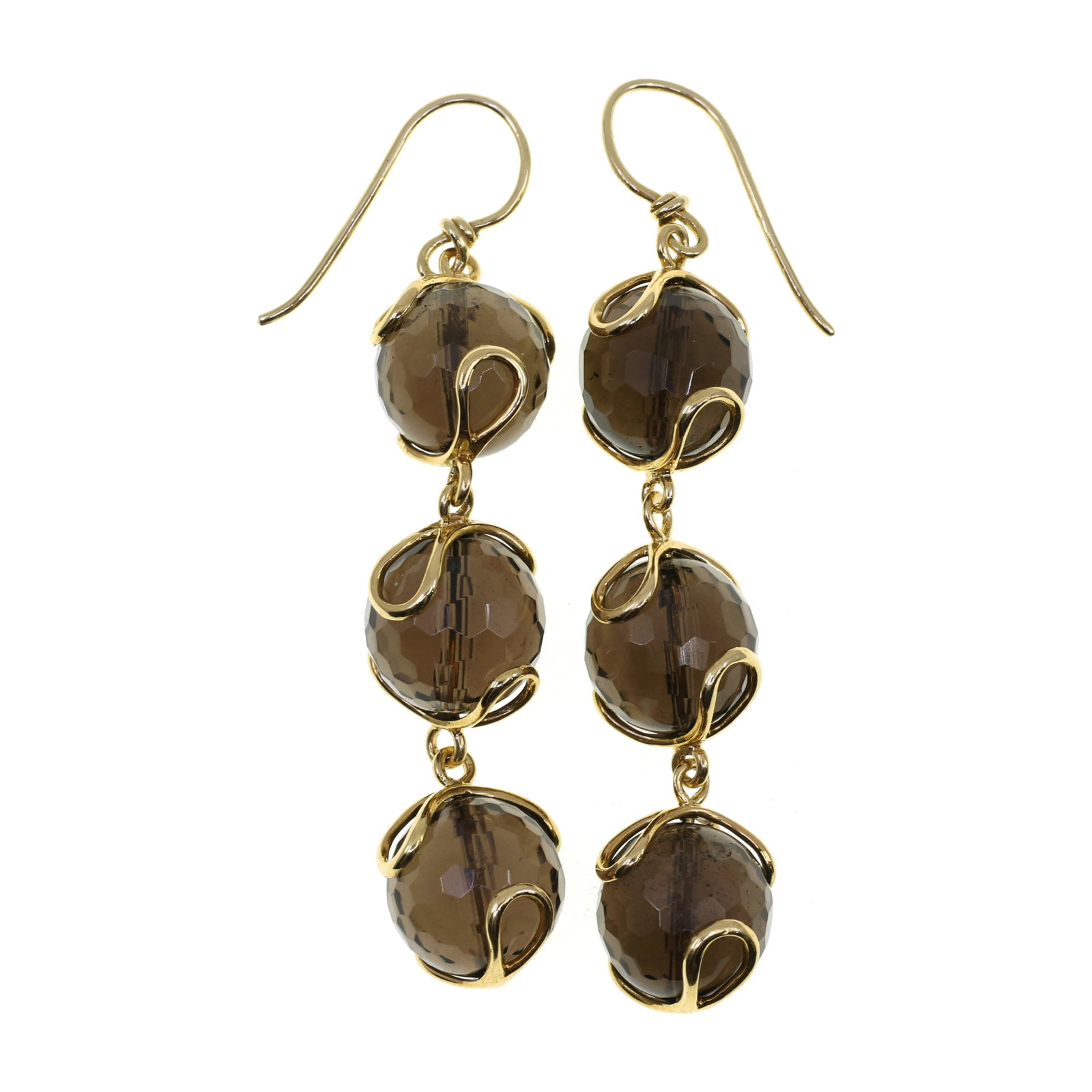 18K YELLOW GOLD VALETIN MAGRO SMOKEY QUARTZ EARRINGS: 18K YELLOW GOLD VALETIN MAGRO SMOKEY QUARTZ EARRINGS One pair of Valentin Magro earrings with 18K yellow gold settings and carved, spherical beads made of smoky quartz. Stamped with the desi