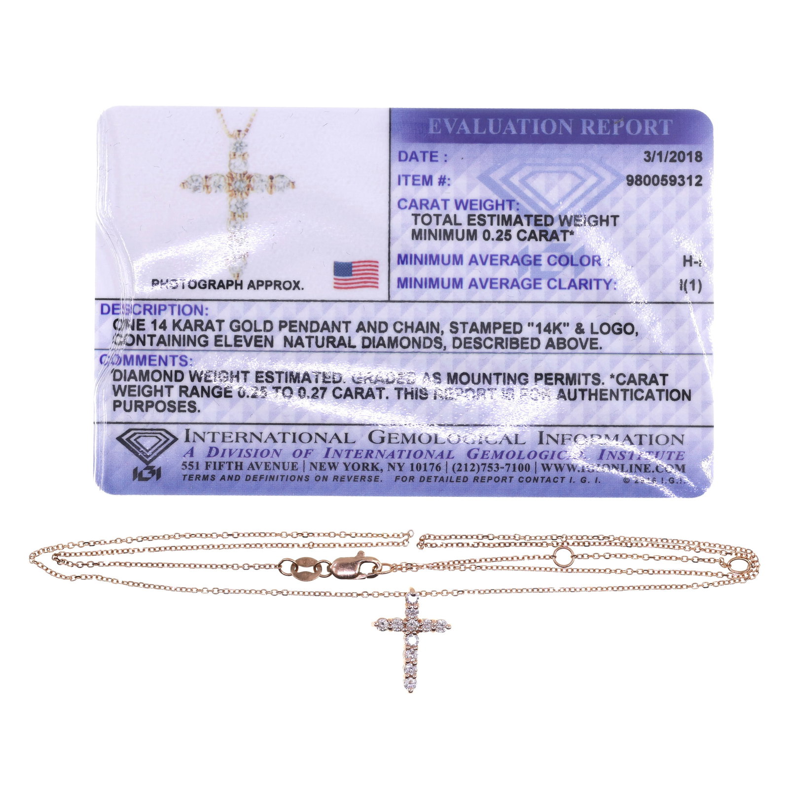 14K ROSE GOLD 0.25 CTW DIAMOND CROSS PENDANT WITH CHAIN: 14K ROSE GOLD 0.25 CTW DIAMOND CROSS PENDANT WITH CHAIN 14K rose gold diamond cross pendant with 16" chain: (11) 0.02 to 0.03 ct round white diamonds Color: H-I Clarity: I1