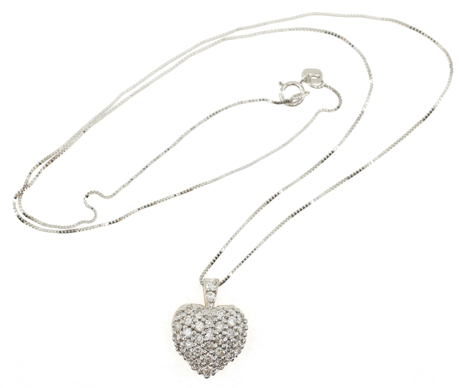 14K WHITE GOLD 1 CTW DIAMOND HEART PENDANT W/ BOX CHAIN: 14K WHITE GOLD 1 CTW DIAMOND HEART PENDANT W/ BOX CHAIN 14K white gold diamond heart pendant with box chain: (34) Round white diamonds, 1 ctw Sizes range from 0.02 ct to 0.03 ct each