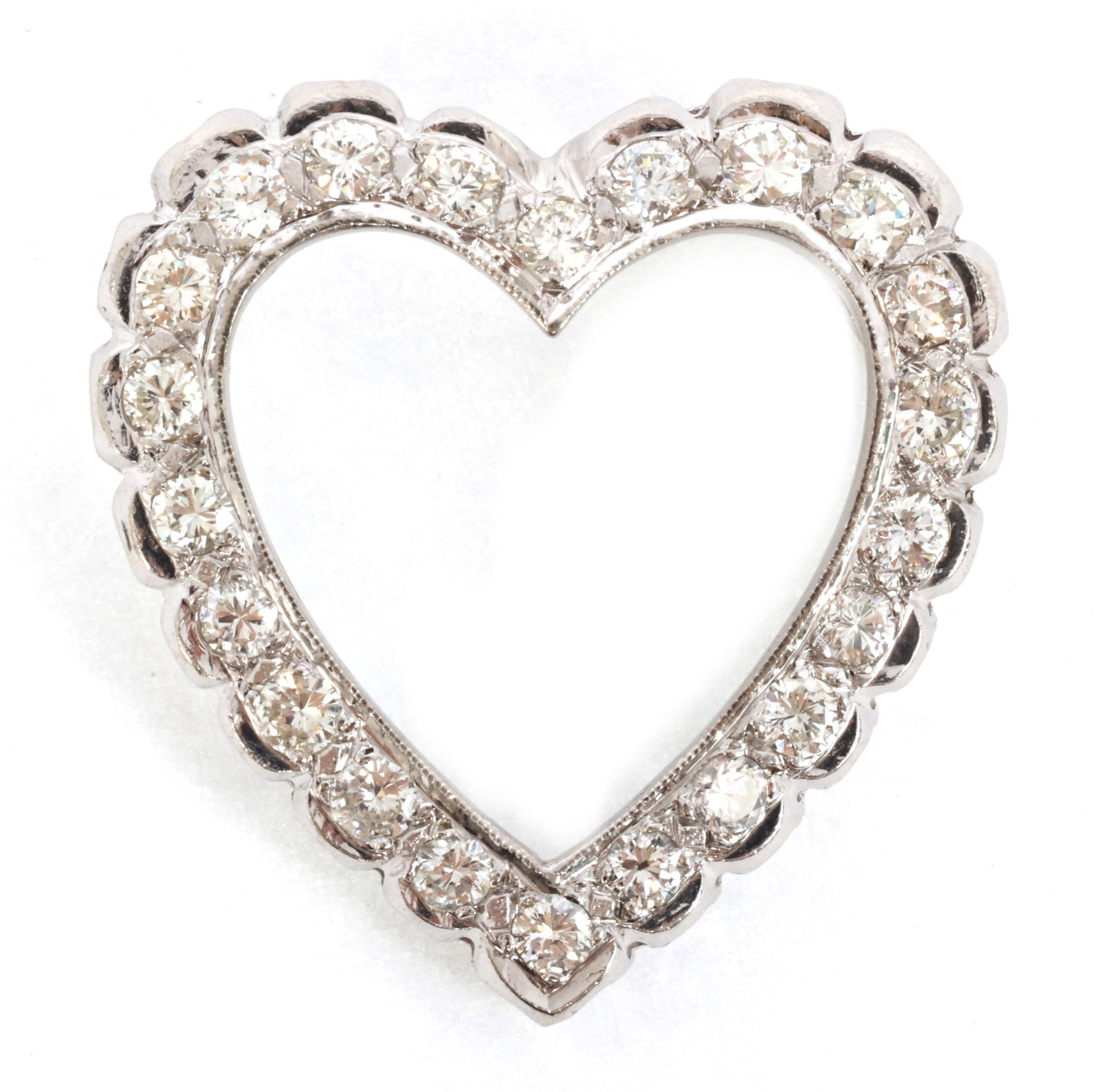 14K WHITE GOLD 1.32 CTW DIAMOND HEART PENDANT: 14K WHITE GOLD 1.32 CTW DIAMOND HEART PENDANT 14K white gold heart pendant: Diamonds, 1.32 ctw (22) 0.06 ct round Color range: H-I Clarity range: SI1-SI2 <