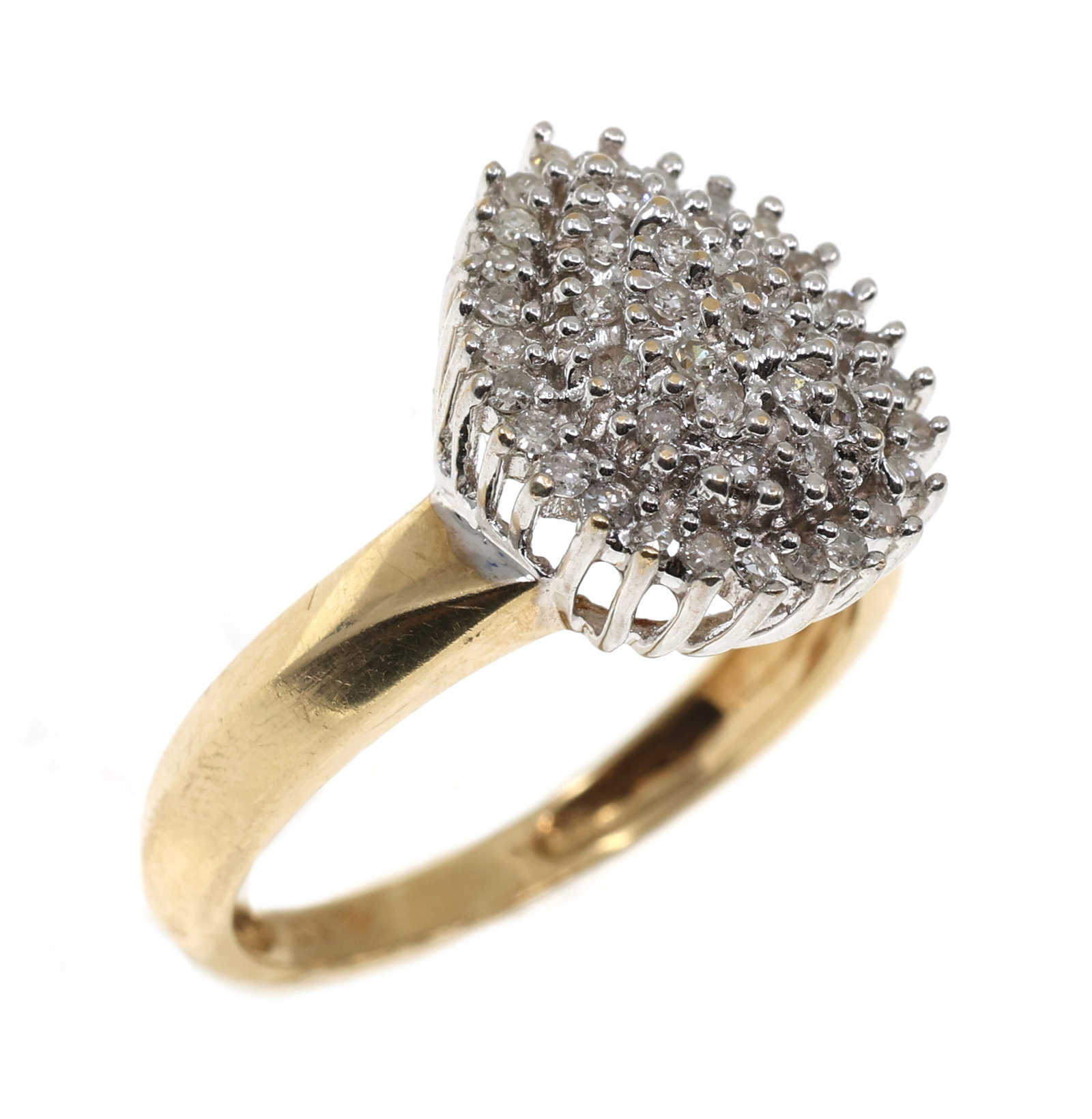 10K YELLOW GOLD 0.47 CTW DIAMOND CLUSTER RING: 10K YELLOW GOLD 0.47 CTW DIAMOND CLUSTER RING 10K yellow gold diamond cluster ring: (47) 0.01 ct round cut diamonds 0.47 ctw Size: 7 Weight: 4g IMPORTA
