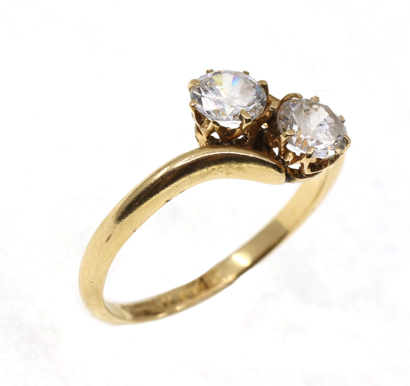 18K YELLOW GOLD FASHION RING WITH CZ: 18K YELLOW GOLD FASHION RING WITH CZ 18K yellow gold fashion ring with (2) 5.25mm cubic zirconia. Size: 7 Weight: 3g IMPORTANT NOTE - PLEASE READ: REGARDING OUR IN-HOUSE SHIPPING & INVOICING Shi