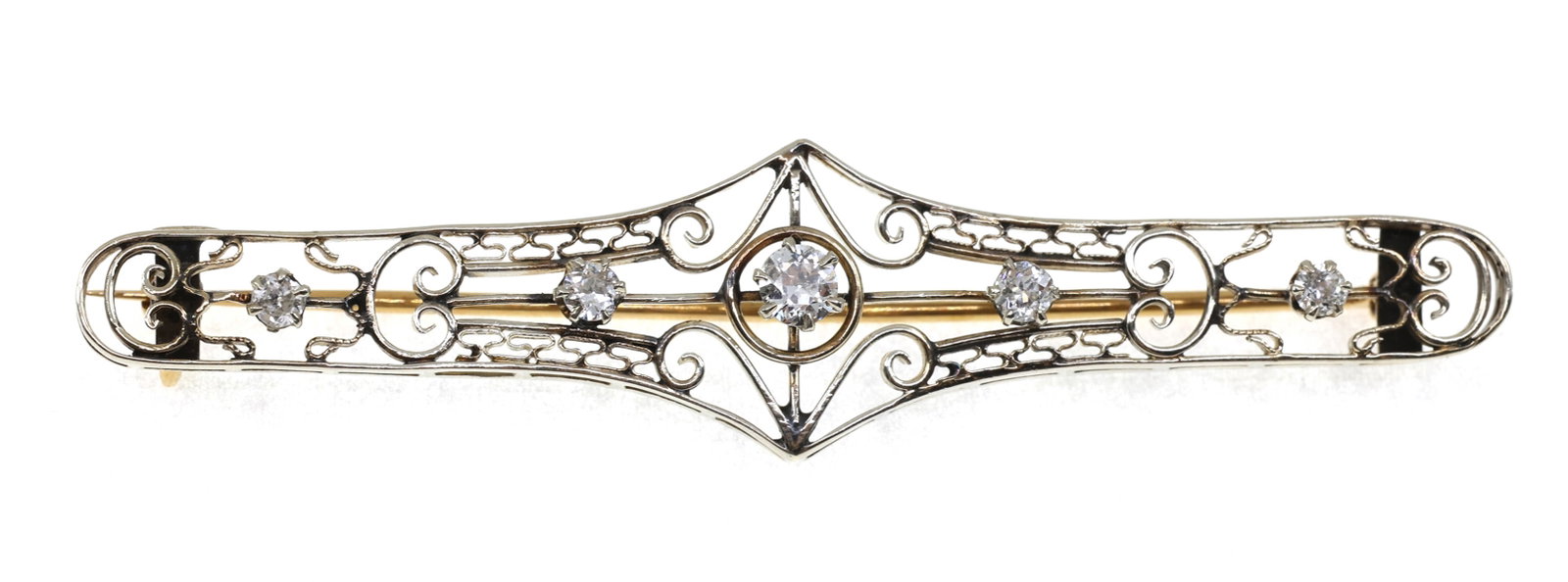 14K WHITE GOLD 0.45 CTW DIAMOND FILIGREE BROOCH: 14K WHITE GOLD 0.45 CTW DIAMOND FILIGREE BROOCH 14K white gold filigree brooch with: Round white diamonds, 0.45 ctw (1) 0.17 ct (2) 0.08 ct (2) 0.06 ct