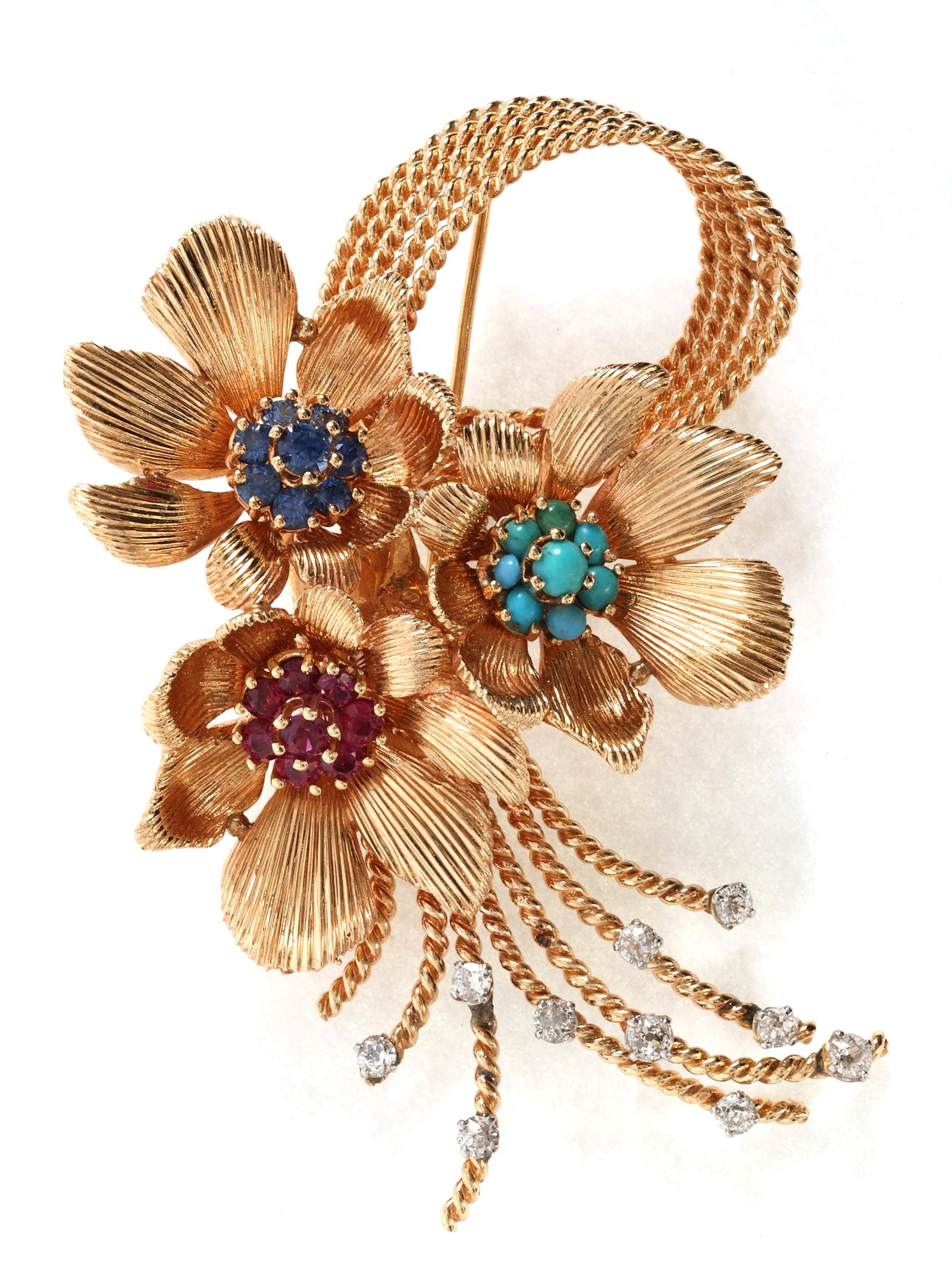 14K GOLD DIAMOND & MULTI-STONE FLORAL SPRAY BROOCH (1 of 5)