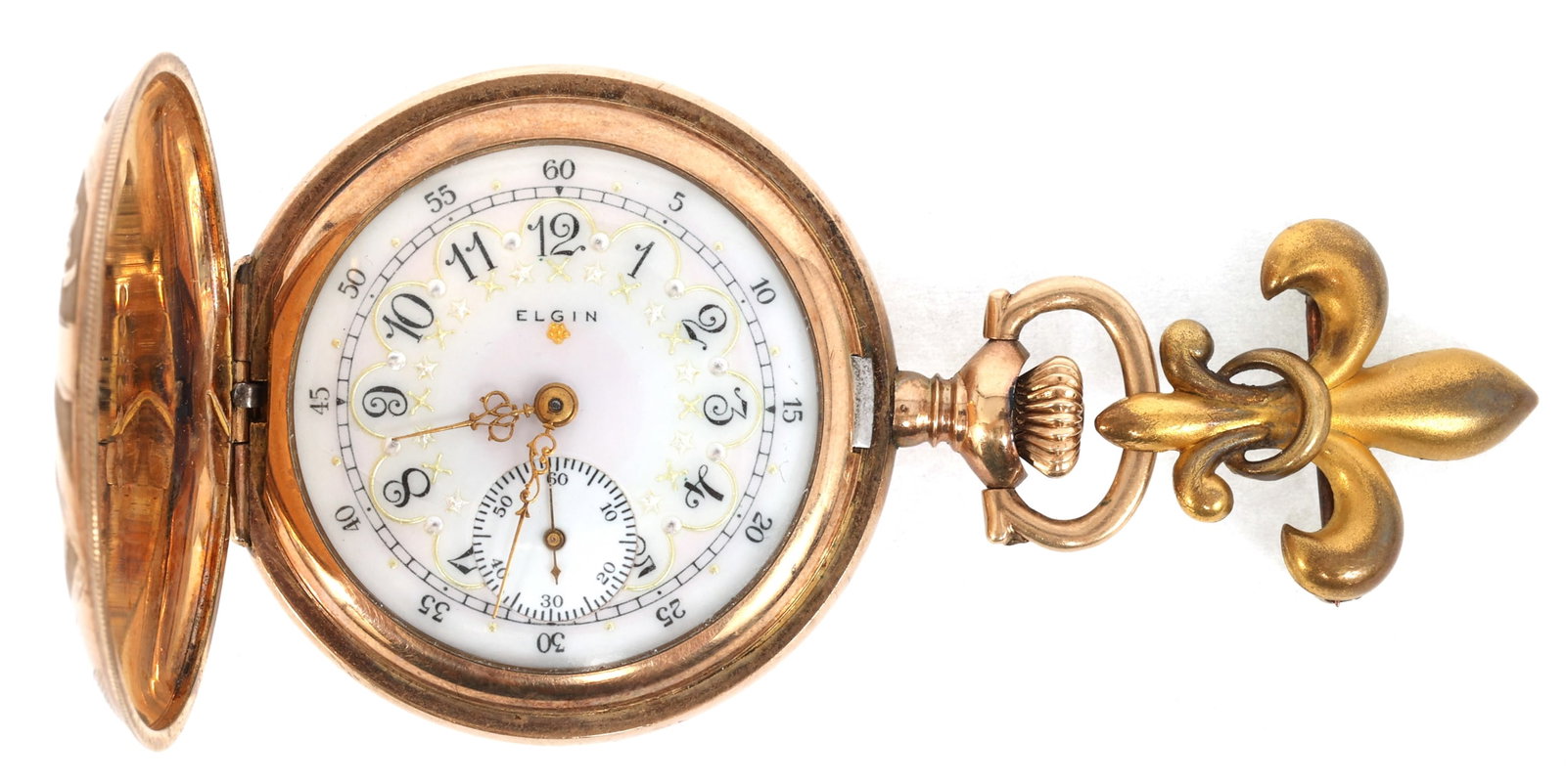 LADIES ELGIN GOLD-FILLED HUNTER'S CASE POCKET WATCH: LADIES ELGIN GOLD-FILLED HUNTER'S CASE POCKET WATCH Ladies' Elgin gold-filled hunter's case pocket watch: Arabic numerals Movement/Serial #: 18105548 15 jewels