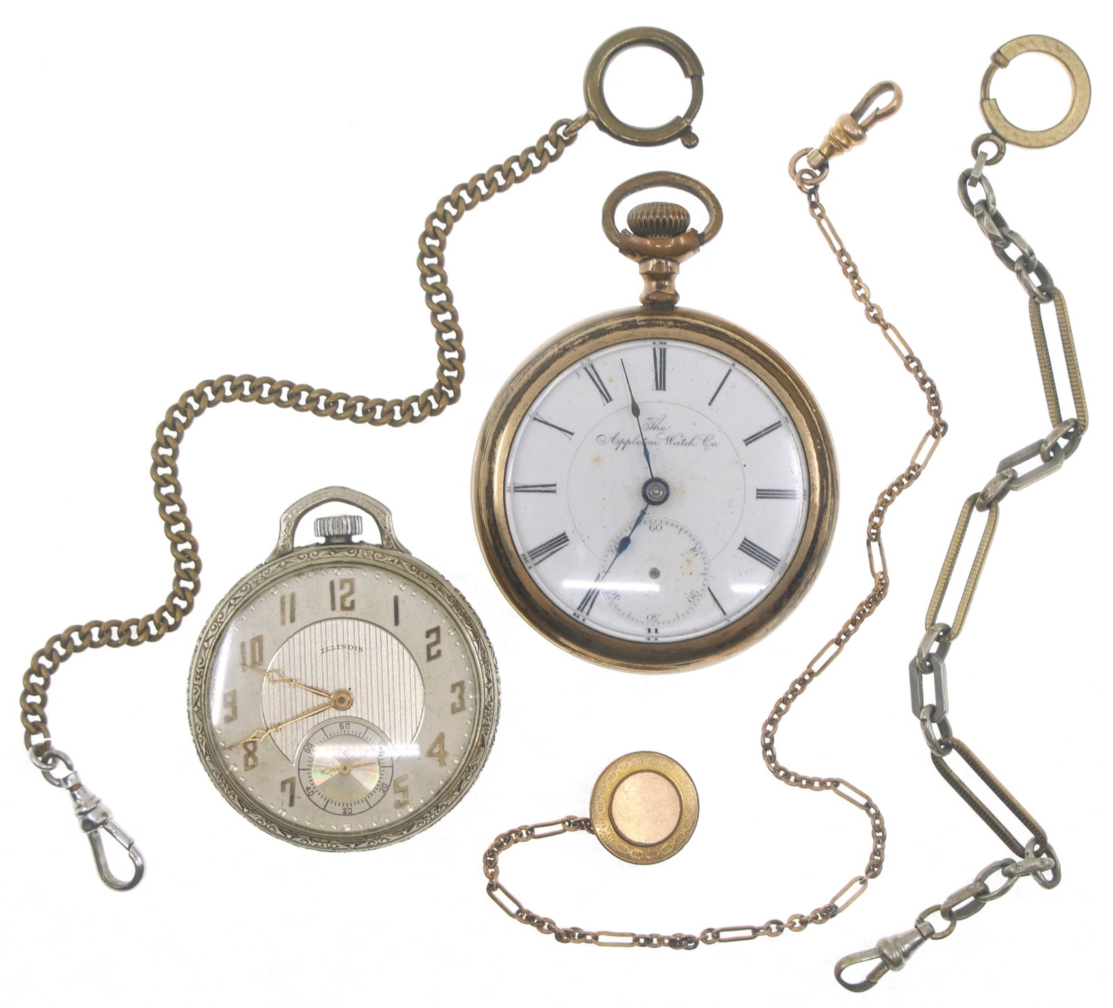 MEN'S GOLD-FILLED POCKET WATCHES - FOR PARTS/REPAIRS: MEN'S GOLD-FILLED POCKET WATCHES - FOR PARTS/REPAIRS Men's gold-filled case pocket watches, for parts/repairs: Appleton Watch Co. Illinois Watch Co. (3) gold-f