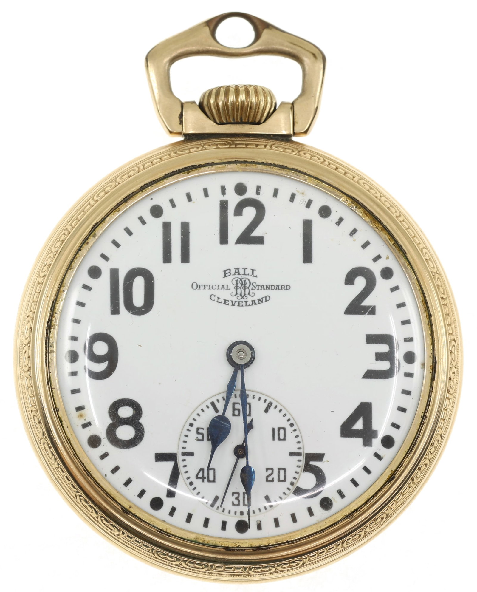 MEN'S BALL RAILROAD GRADE GOLD-FILLED CASE POCKET WATCH: MEN'S BALL RAILROAD GRADE GOLD-FILLED CASE POCKET WATCH Men's Ball Watch Co. gold-filled case pocket watch: Open face Arabic numerals Movement/Serial #: B654639 <
