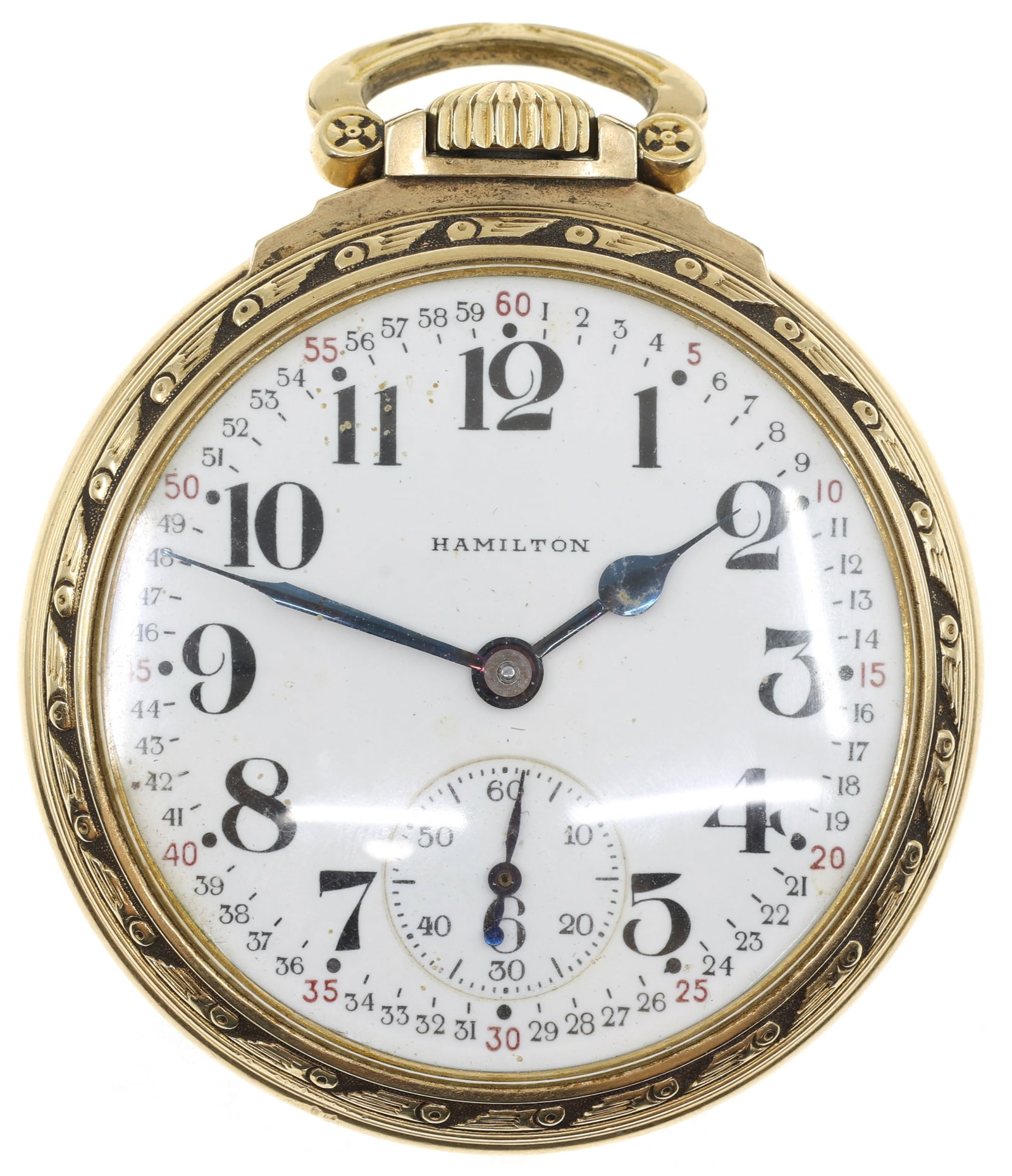MEN'S HAMILTON GOLD-FILLED CASE RAILROAD POCKET WATCH: MEN'S HAMILTON GOLD-FILLED CASE RAILROAD POCKET WATCH Men's Hamilton gold-filled case pocket watch: Open face Arabic numerals Movement/Serial #: C52517